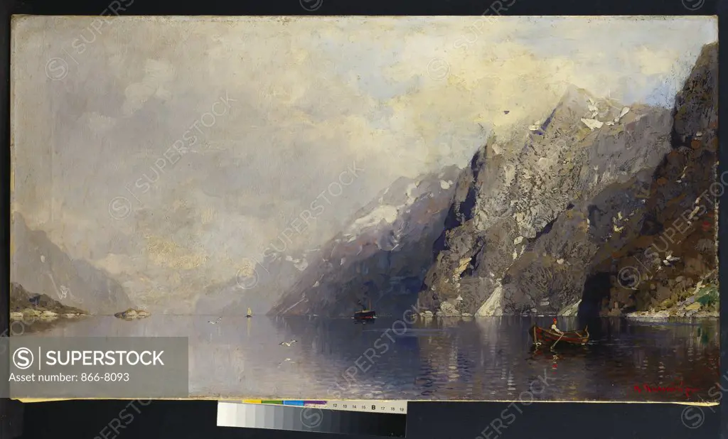 A Fjord Landscape. Morten Muller (1828-1911). Oil on canvas, 1886.  61.5 x 94cm.