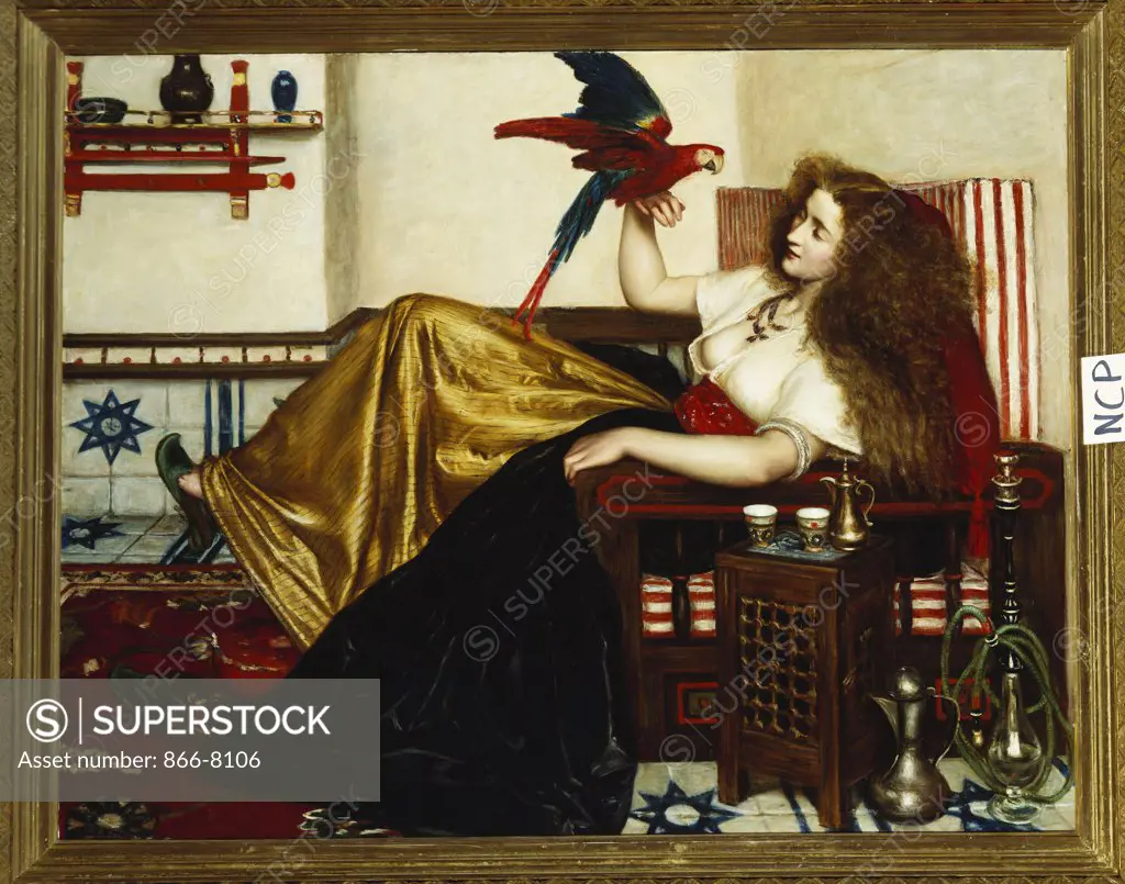 The Lady of the Tootni-Nameh; or The Legend of the Parrot. Valentine Cameron Prinsep, R.A.  (1838-1904). Oil on canvas, 91.5cm x 116.5cm.