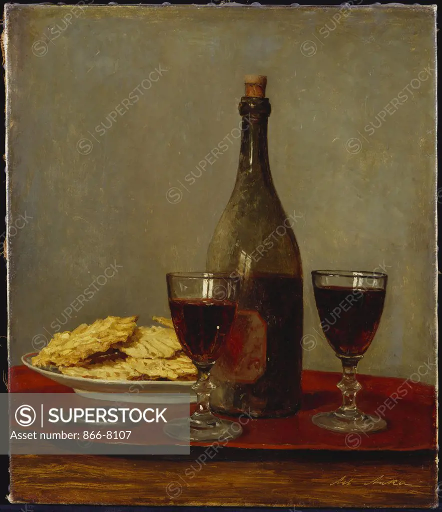 A Still Life of two Glasses of Red Wine, a Bottle of Wine, a Corkscrew and a Plate of Biscuits on a Tray. Albert Anker (1831-1910). Oil on canvas, 43.2 x 36.9cm.