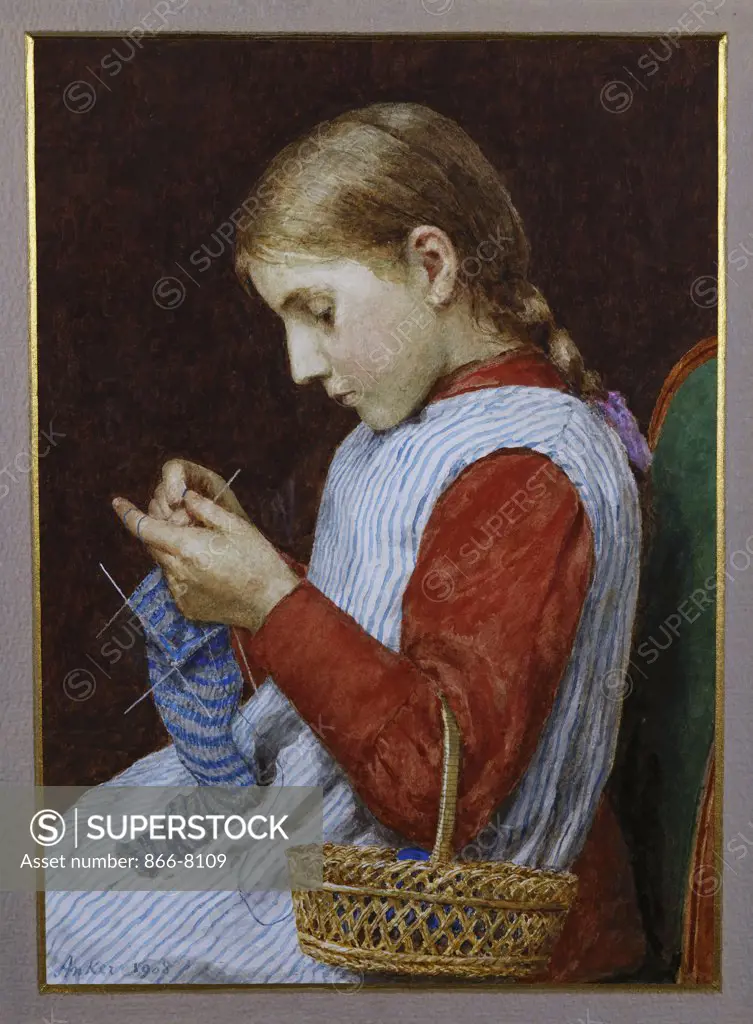 A Girl Knitting. Albert Anker (1831-1910). Watercolour on paper, 34.2 x 24.2 cm. Executed in 1908.