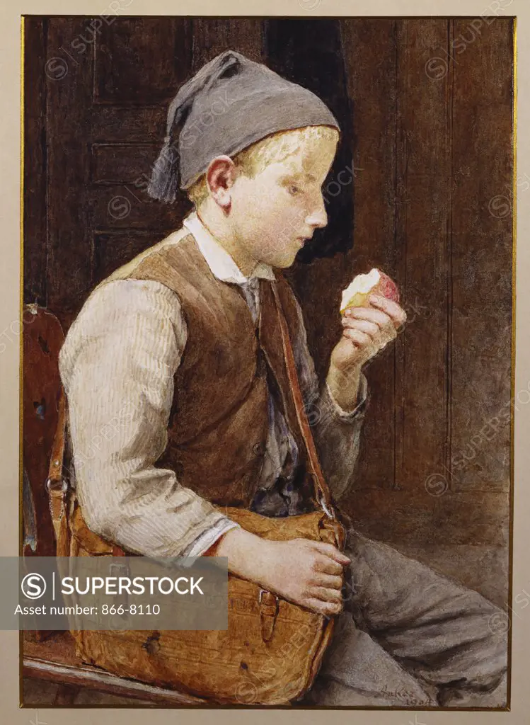 A Boy Eating an Apple.  Albert Anker (1831-1910). Watercolour heightened with white on paper, 33.6 x 24.2 cm. Executed in 1904.