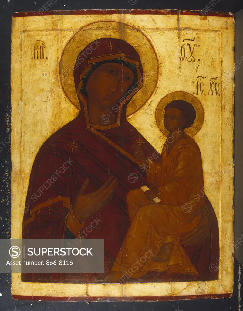 Tikhvin Mother of God, icon painted in the manner of the Moscow School in the manner of Andrei Rublev c.1370-1430). Circa 1500, 99 x 77.5cm.