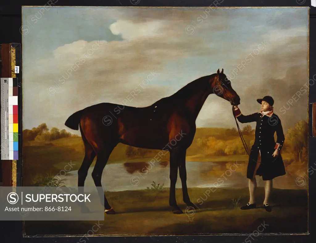 The Duke of Marlborough's () Bay Hunter, with a Groom in Livery in a Lake Landscape. George Stubbs, A.R.A. (1724-1806). Oil on canvas, 101.5 x 127cm.