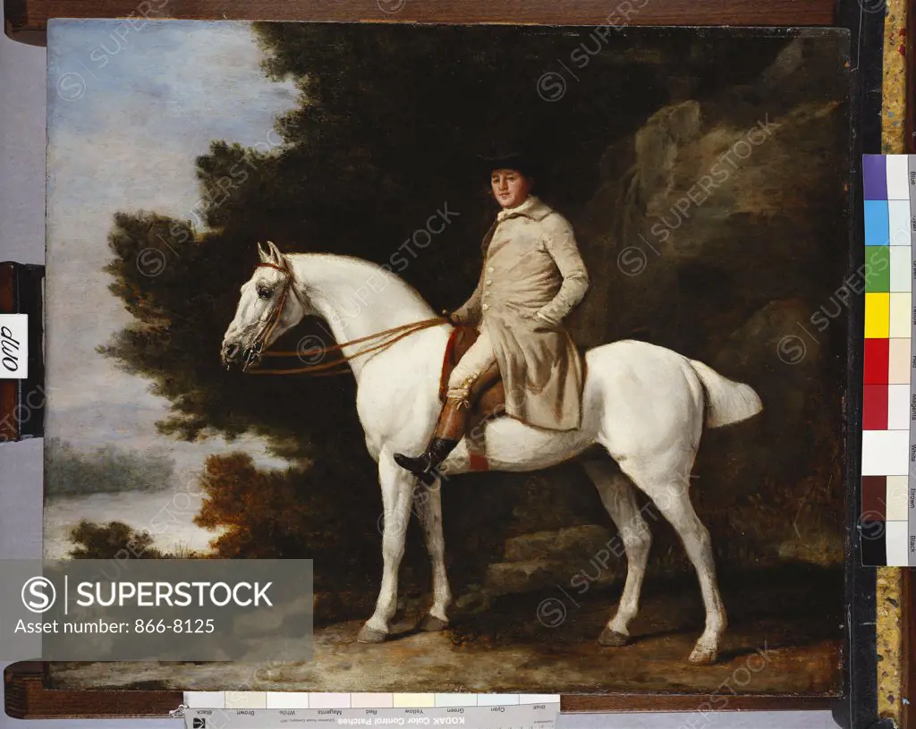 A Gentleman on a Grey Horse in a Rocky Wooded Landscape. George Stubbs (1724-1806). Dated 1781, oil on panel, 59.5 x 71cm.