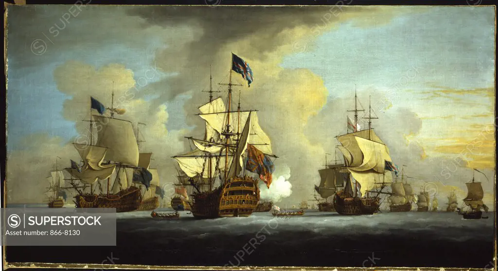 The English Fleet at Anchor with the Admiral's Ship Signalling to the Vice and Rear Admirals of the White and Blue Squadrons. Peter Monamy (1681-1749). Oil on canvas, 83.7 x 155cm.