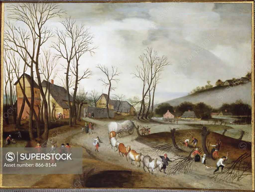 An Extensive Winter Landscape with a Wagon,  Peasants at Work Pollarding and other Peasants on a Road by a Farm. Abel Grimmer (1570-1619). Oil on panel, 44.5 x 60cm.