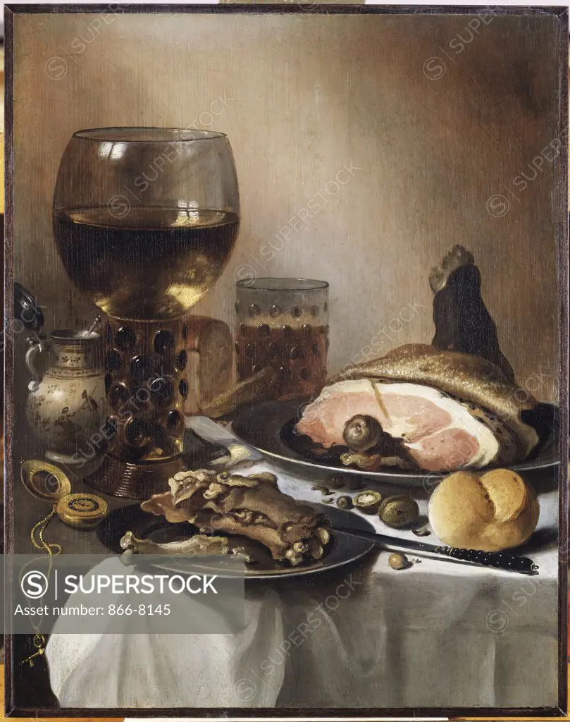 A Breakfast Still Life of a Roemer Ham and Meat on Pewter Plates, Bread and a Gold Verge Watch on a Draped Table. Pieter Claesz (1597-1660). Dated 1651 or 4, oil on panel, 56.9 x 44.5cm.