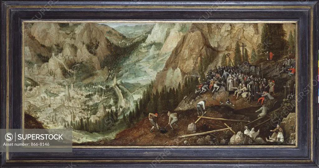 An Extensive Mountainous Landscape with the City of Jerusalem, Christ Carrying the Cross and Preparations on the Hill of Calvary.   Lucas van Valkenborch (c.1535-1597). Dated 1567, oil on panel, 31.1 x 68cm.