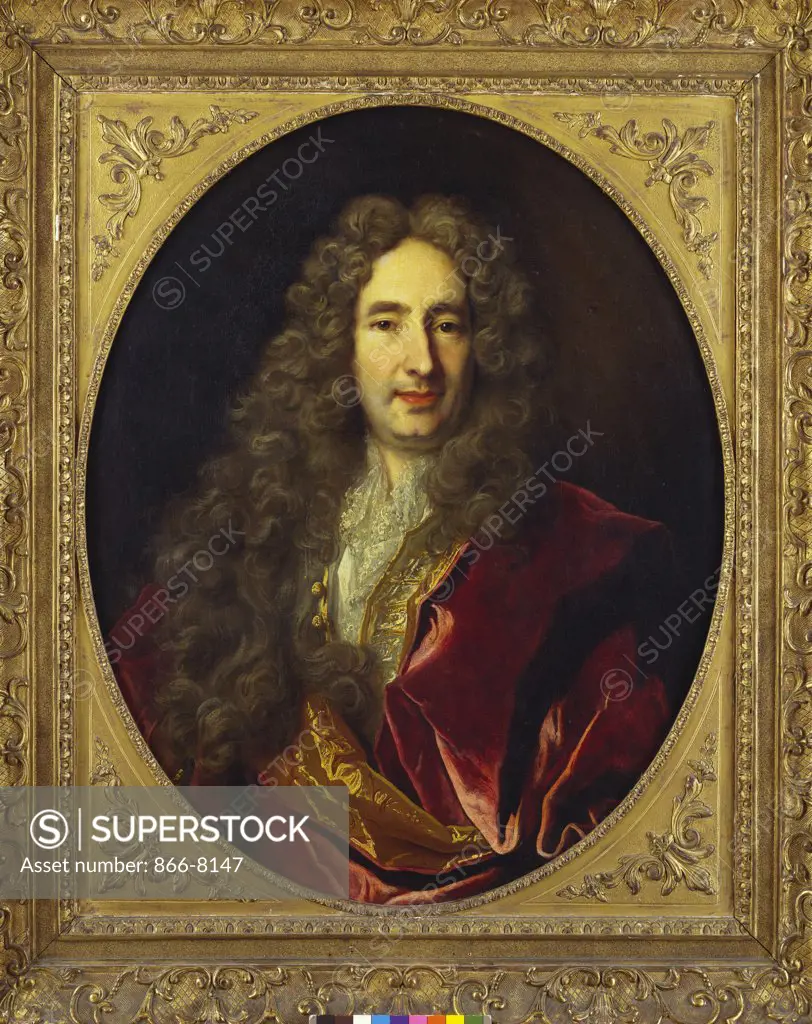 Portrait of French Dramatist, Edme Boursault (1638-1701), in a Red and Gold-trimmed Jacket.  Nicolas de Largilliere (1656-1746). Oil on oval canvas, 81.2 x 66cm.