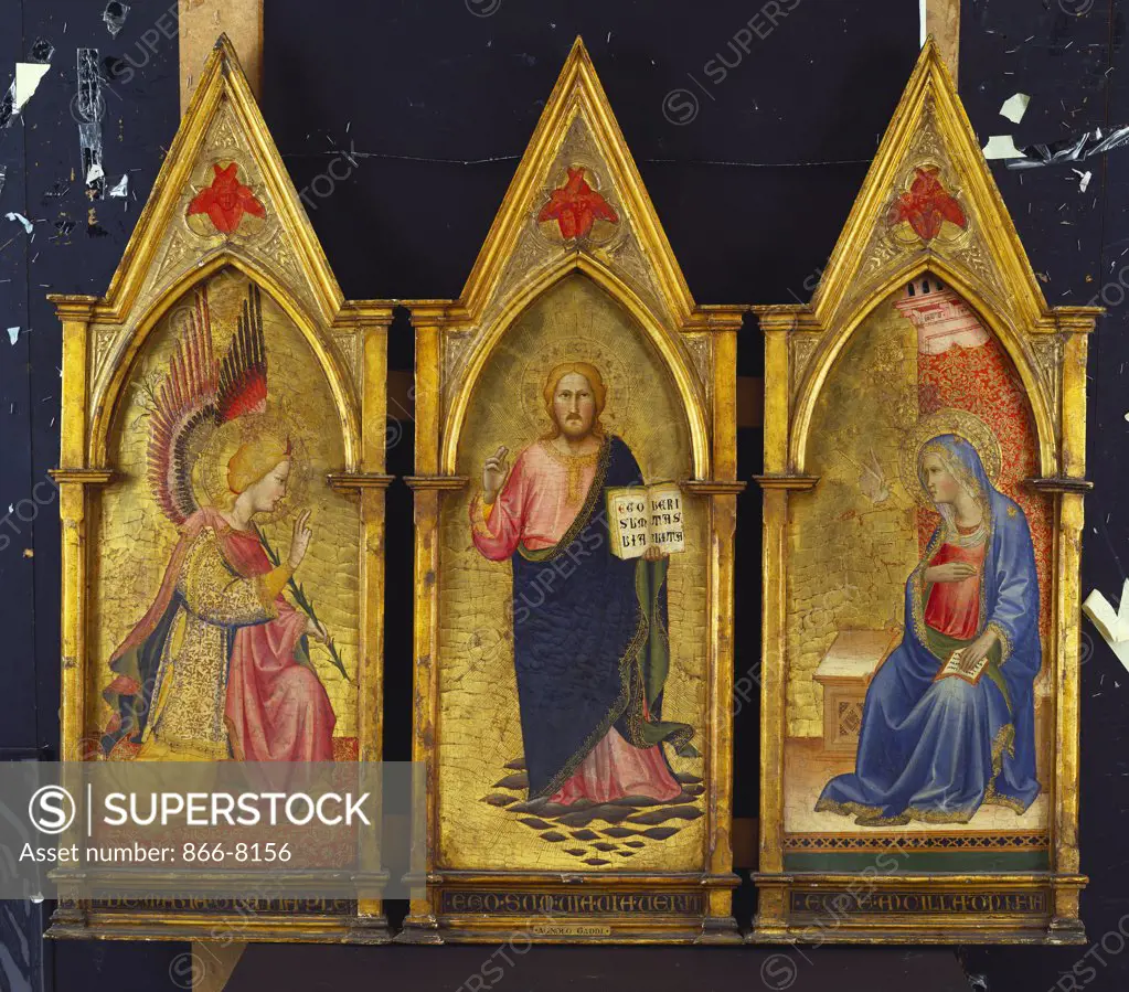 Christ the Redeemer; the Archangel Gabriel and the Virgin Annunciate. Agnolo Gaddi (1345-1396). On gold ground panels, 67.3 x 30.5cm.