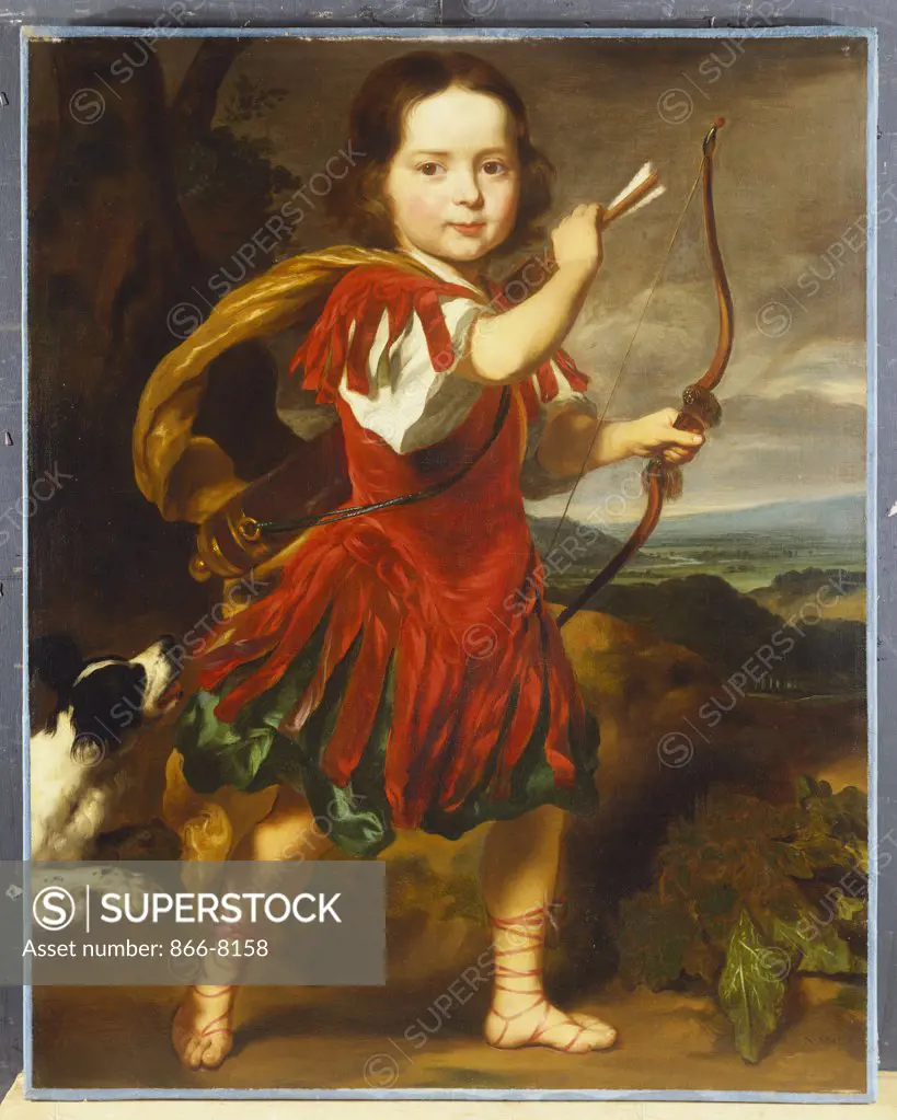 Portrait of a Boy, full length, in a Classical Costume with a Bow and Quiver of Arrows, accompanied by a Hound, a Valley Beyond. Nicolaes Maes (1632-1693).