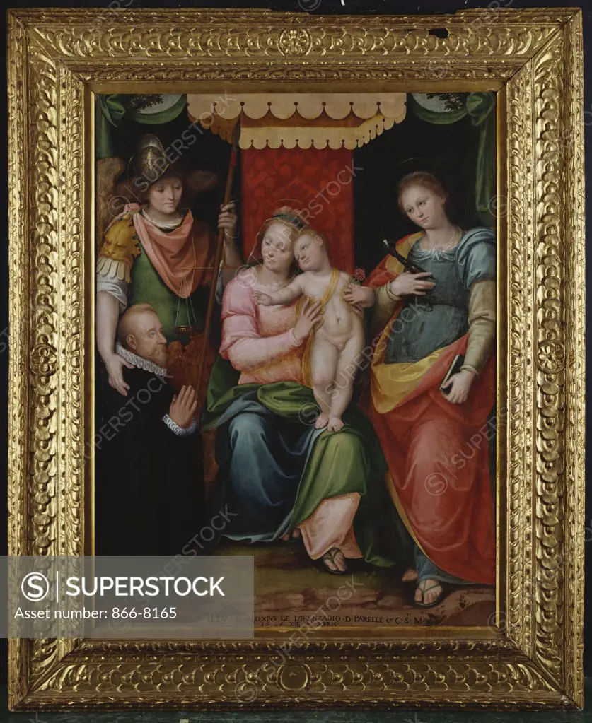 The Madonna and Child Enthroned with Saint Apollonia and Saint Michael presenting a Kneeling Male Donor, Aluxius de Lorenzadio D. Parelle, Knight of Saint Martin. Guglielmo Caccia, Il Moncalvo (1568-1625). Dated 15(8)6, oil on panel, 158.7 x 120cm.