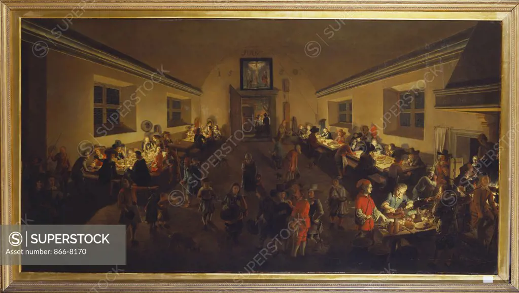 The Interior of an Inn () with Men Dining and Cooks preparing Food in the Foreground. Wolfgang Heimbach (1613-1678). Dated 1655, oil on canvas, 85 x 160cm