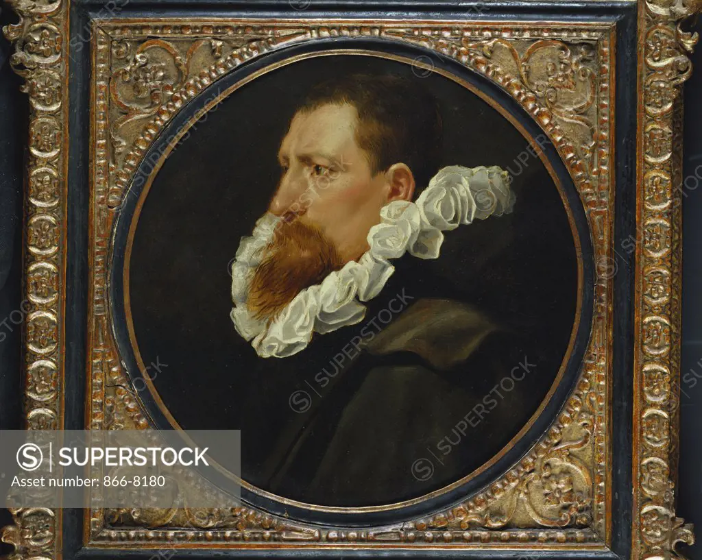 Portrait of a Gentleman, small bust length, wearing a White Ruff and Grey Cloak. Sir Peter Paul Rubens (1577-1640). Oil on circular panel, 38cm diam.