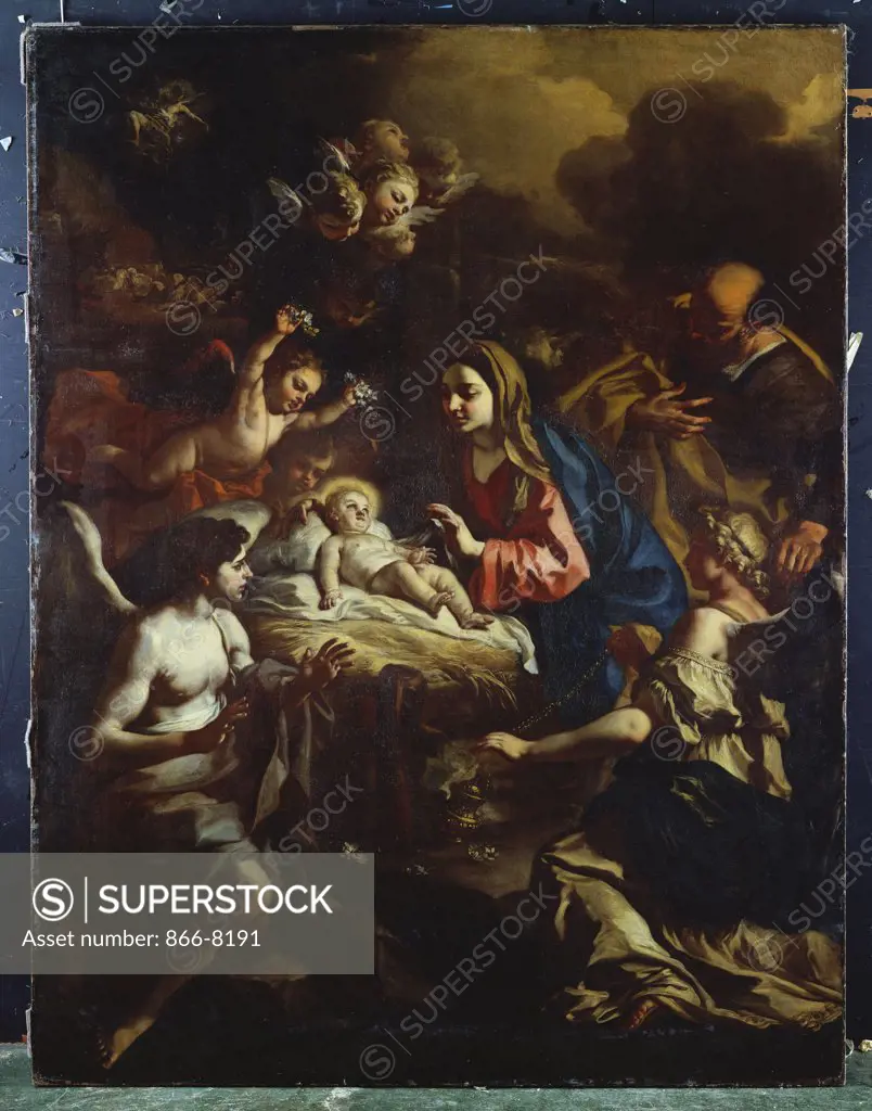 The Nativity with Adoring Angels and the Annunciation to the Shepherds Beyond. Francesco Solimena (1657-1747). Oil on canvas, 220.4 x 170.1cm.