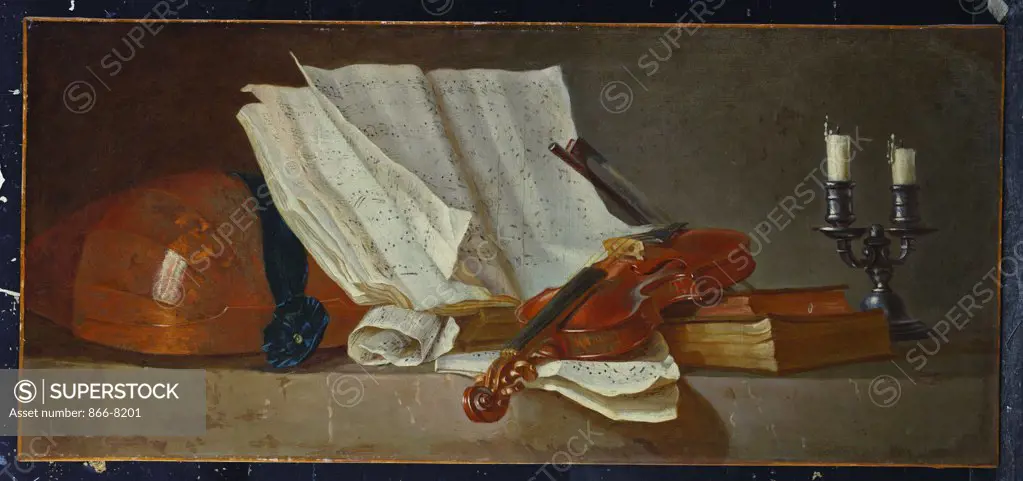 A Musical Score on a Reading Stand, a Violin and Bow, a Lute, a Candlestick and Books on a Ledge - an Overdoor. Henri Horace Roland de la Porte (1724-1793).
