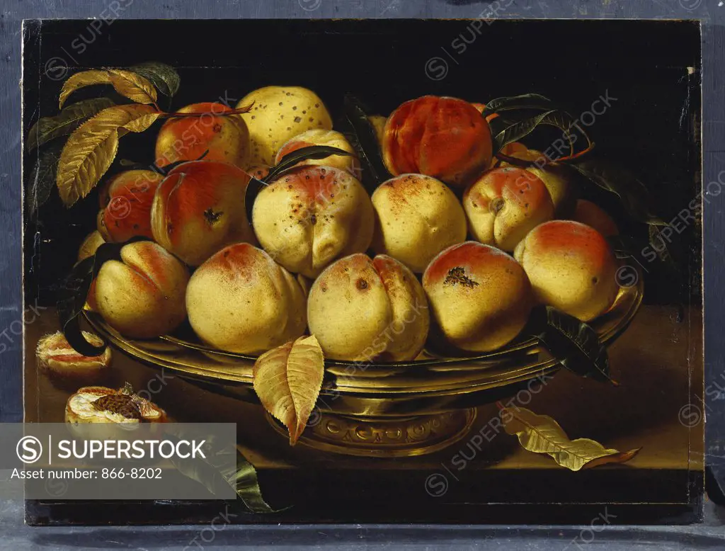 Peaches in a Silver-gilt Bowl on a Ledge. Jacques Linard (1600-1645). Oil on panel, 32.4 x 43.5cm.