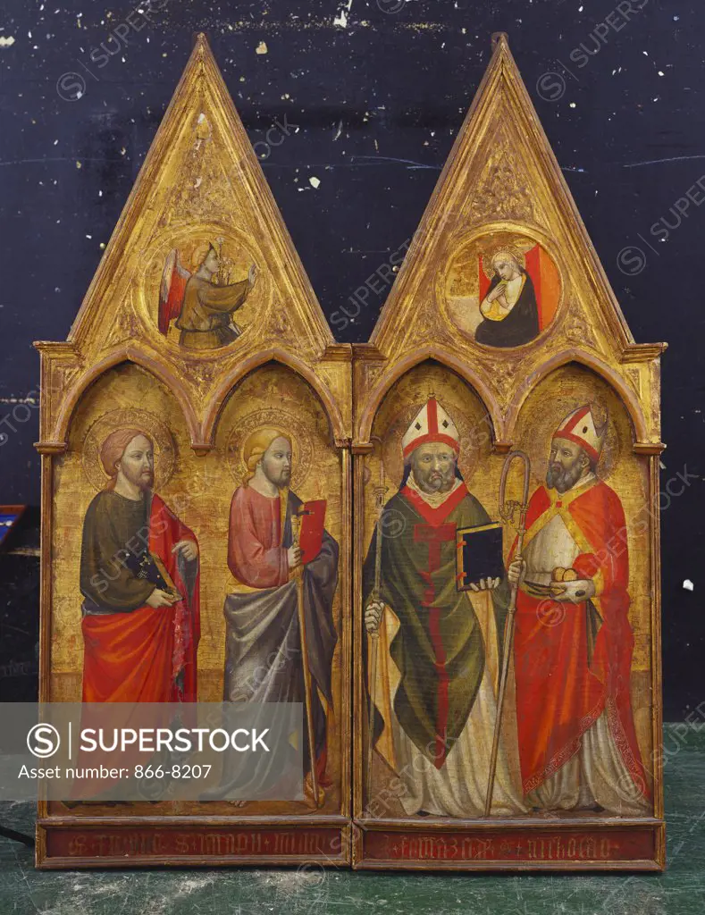 Saint Thaddeus, James the Less, Thomas a Becket and Nicholas of Bari, The Annunciation in Roundels in the gables above - the side panels of a Triptych. The Master of San Jacopo a Muciano (late 14th century). On gold ground panel, 155 x 58cm.