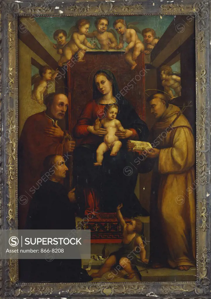 The Madonna and Child Enthroned with Saints Joseph and Francis and the Infant John the Baptist, Angels and a Kneeling Male Donor.  Circle of Francesco Raibolini, Il Francia (c. 1450-1517).