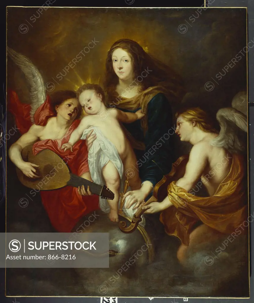 The Virgin and Child Triumphing over Sin, with Two Musicmaking Angels.  Circle of Sir Anthony van Dyck (1599-1641). Oil on canvas, 154 x 128cm.