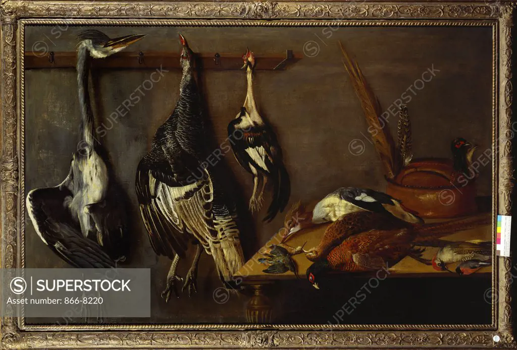 A Heron, a Turkey and a Chicken Hanging on Hooks. Circle of Jacob van de Kerckhoven, called Giacomo da Castello (1637-1712). Oil on canvas, 84.2 x 116.5cm.