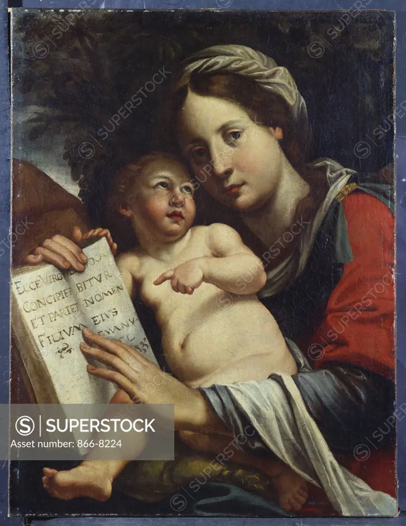 The Madonna and Child, the Madonna holding an Open Bible. Follower of Domenico Zampieri, called Domenichino (1581-1641).