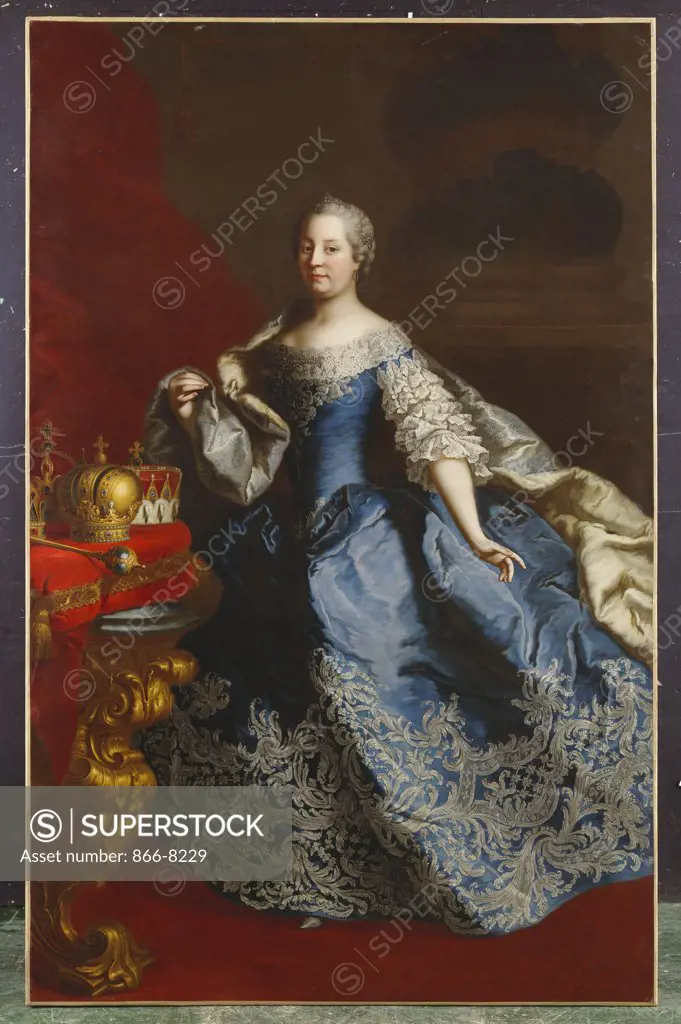 Portrait of Empress Maria Theresa of Austria (1717-80), in a Blue Dress Decorated with Lace, an Ermine Cloak, Crowns and Sceptre on a Table beside her. Martin van Meytens II (1695-1770). Oil on canvas, 228.7 x 146.1cm.