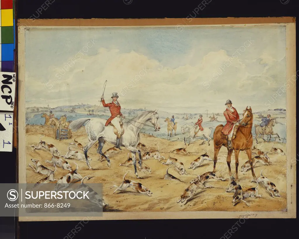 Hunting Scenes: Drawing Cover with Spectators in the Distance. Henry Thomas Alken (1785-1851). Pencil and watercolour on paper, 23.5 x 34.3cm.