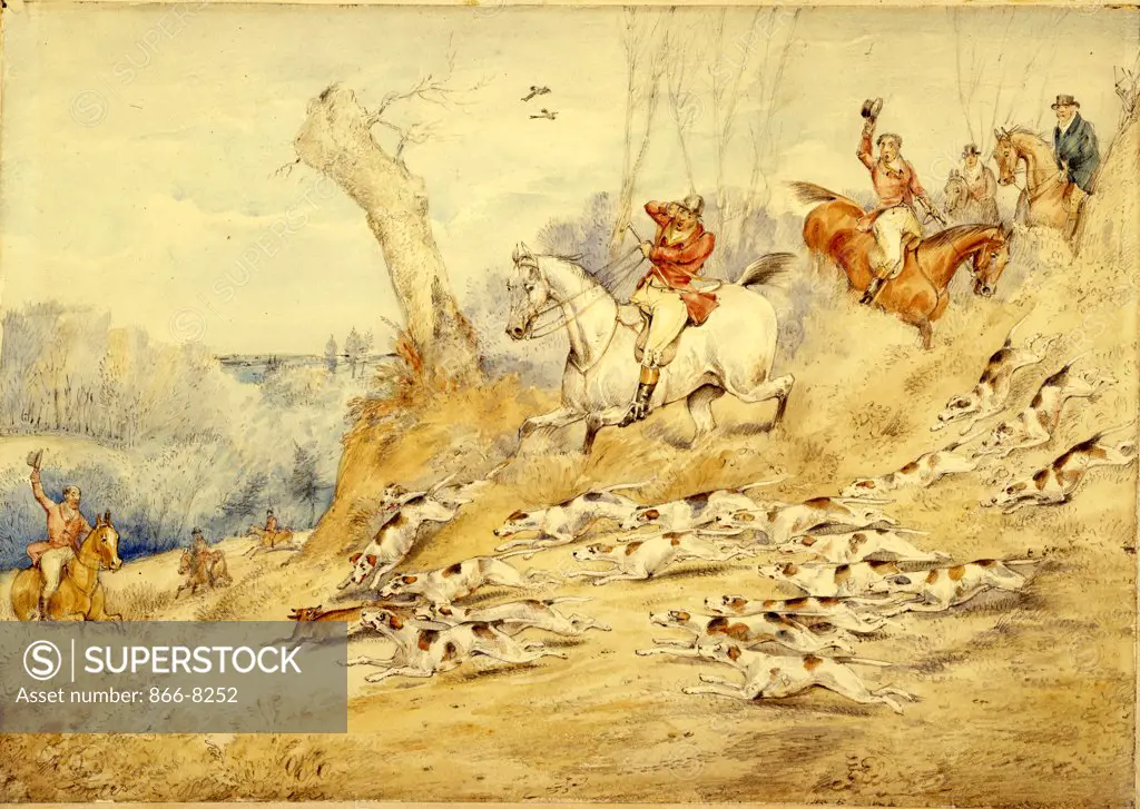 Hunting Scenes: Through the Brook. Henry Thomas Alken (1785-1851). Pencil and watercolour on paper, 23.5 x 34.3cm.