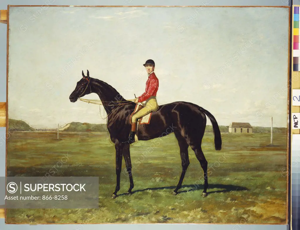A Racehorse with Jockey up on the Racetrack at Newmarket. Harry Hall (1814-1882). Oil on canvas, 71.1 x 91.4cm.