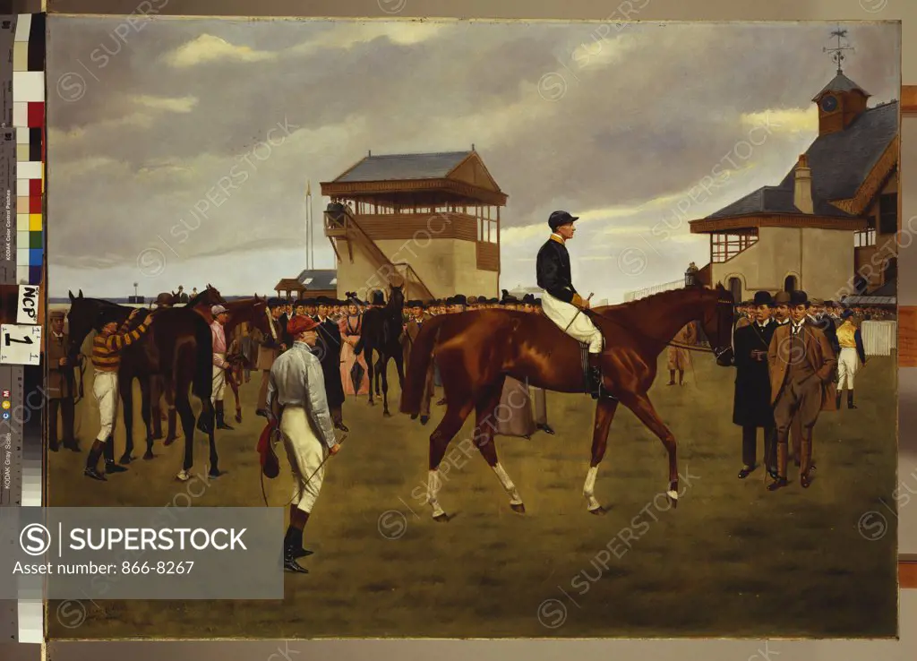 Sir Horace Farquhar's Chestnut Colt 'Nouveau Riche' in the Winner's Enclosure, Newmarket. Isaac J. Cullin (op. 1881-1920). Dated 1896, oil on canvas, 81.9 x 111.8cm.