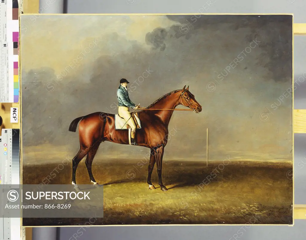 His Royal Highness, the Prince of Wales' Bay Racehorse 'Sir David' by 'Trumpator' with Chifney up, at Newmarket Heath. Henry Bernard Chalon (1770-1849). Dated 1807, oil on canvas, 71.7 x 91.4cm.