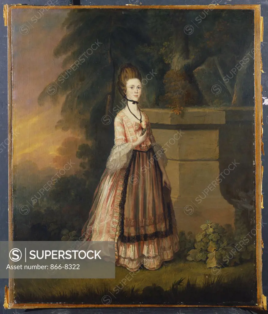 Portrait of Catherine, Wife of William Green, M.D. of Thundercliffe, standing small, full length, in a Pink and White Dress by a Plinth in a Landscape.  William Williams (1758-ca. 1794). Oil on canvas,  76.8 x 64.5cm.
