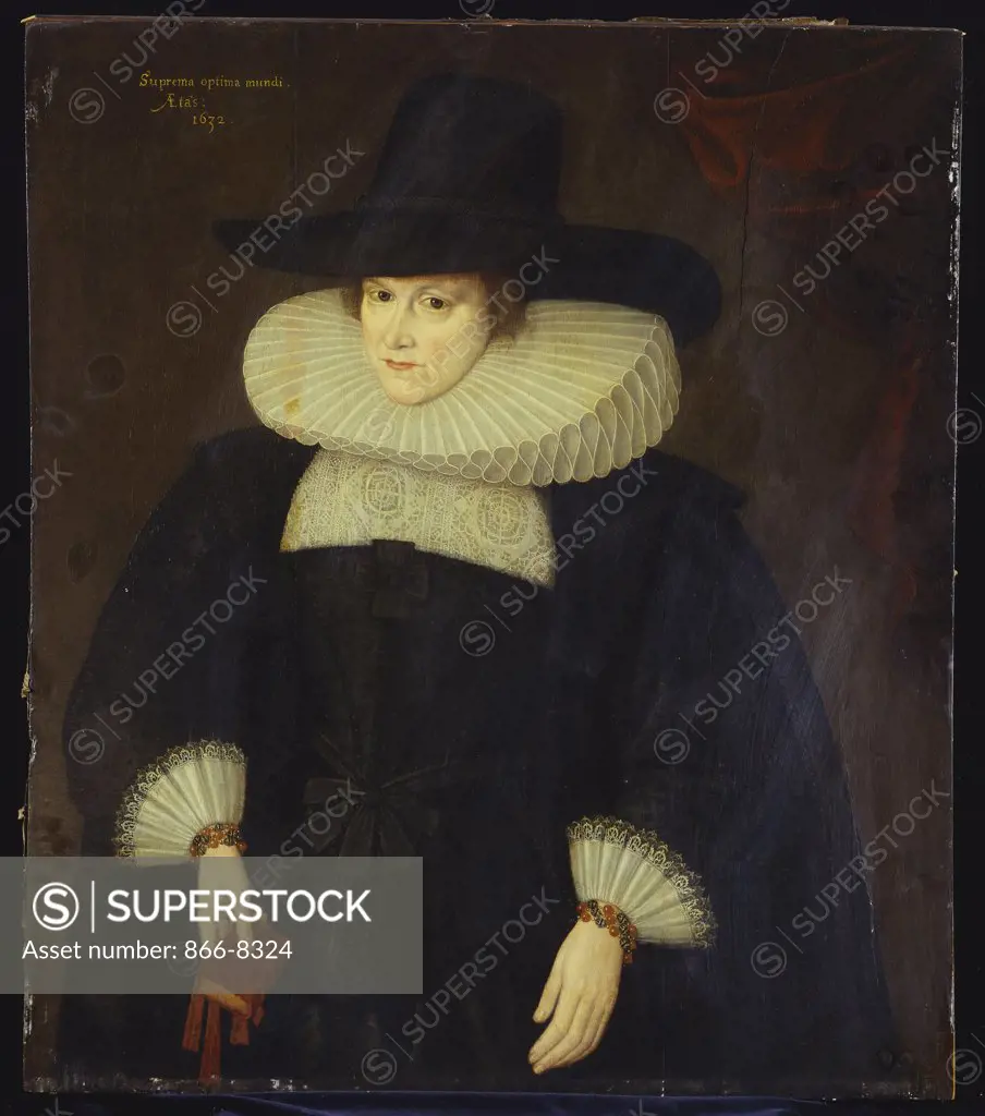 Portrait of a Lady.  English School. Oil on panel, dated 1632. 61.5 x 42.5cm.