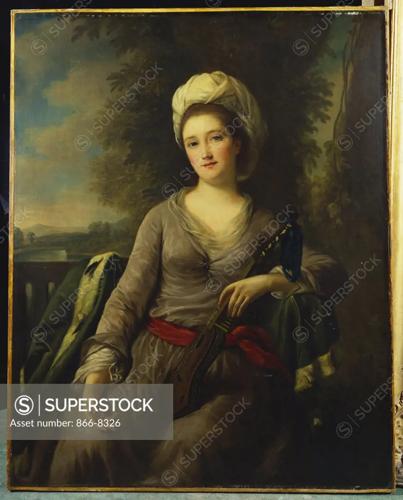 Portrait of a Lady, thought to be Mrs Wells, wearing a Grey Dress with a Red Sash and an Ermine Trimmed Green Cloak holding a Guitar.  Nathaniel Dance-Holland (1735-1811). Oil on canvas, 127.2 x 102cm.