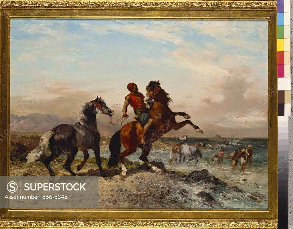 A Coastal Landscape with Horses and Horseman on a Beach. Georges Washington (1827-1910). Oil on canvas, 60 x 80cm.