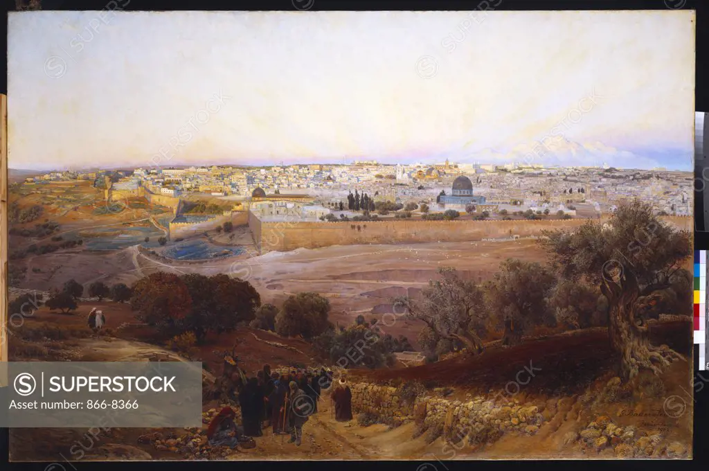 Jerusalem from the Mount of Olives. Gustav Bauernfeind (1848-1904). Dated 1902, oil on canvas, 132 x 201cm.