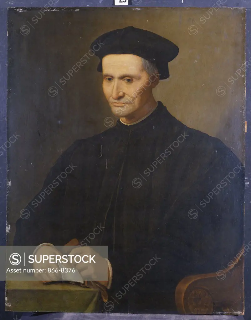 Portrait of a Gentleman, Seated half-length, wearing a Black Gown and Cap holding a Letter and a Glove, at a Table. Circle of Santi di Tito (1536-1603). Oil on panel, 88.5 x 69cm.