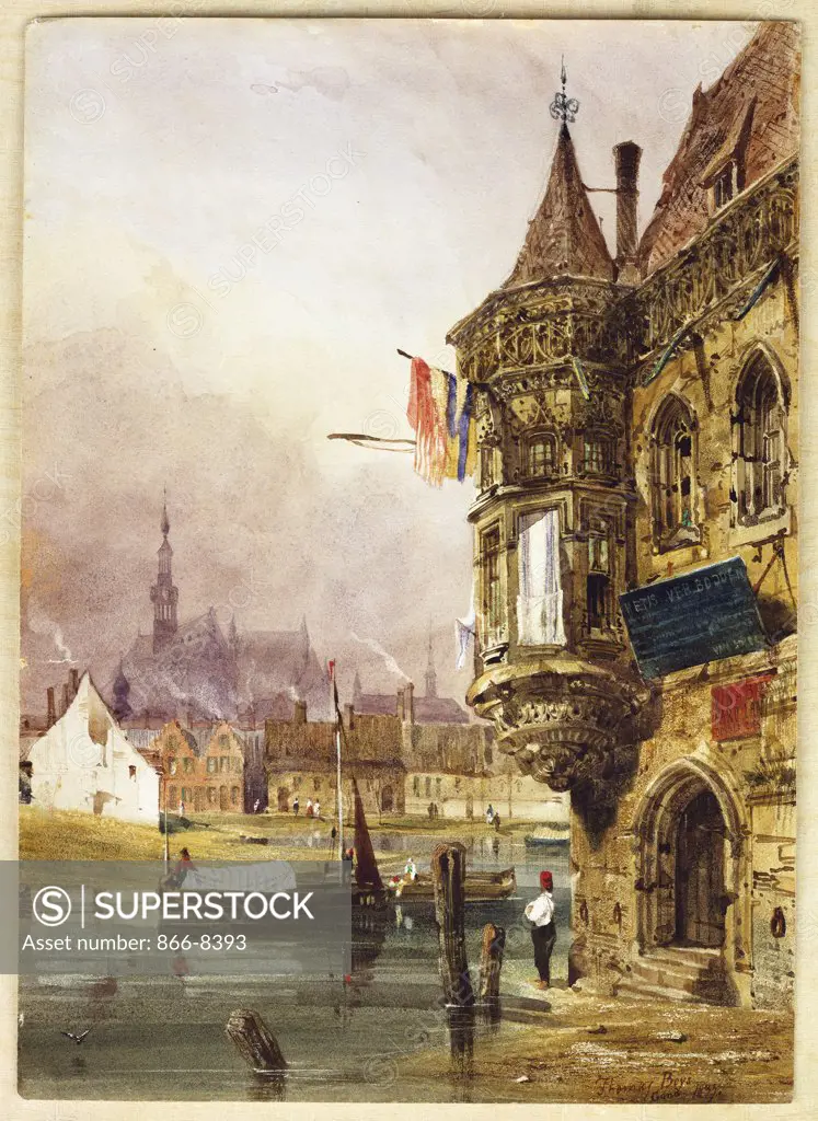 A Figure beside a Building, Ghent, with Barges on the River Leye beyond. Thomas Shotter Boys (1803-1908). Pencil and watercolour, 31.5 x 22.6cm.
