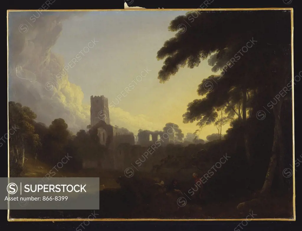 A View of Fountains Abbey, Yorkshire with a Shepherd and two Figures in the Foreground. John Rathbone (c. 1750-1807). Oil on canvas, 51 x 69cm.