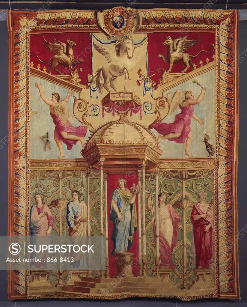 A Louis XIV Gobelins Tapestry from the Triomphes des Dieux series, after the designs by Noel Coypel (1628-1707). Woven in wools and silks, Minerva shown standing on a circular plinth. 311 x 257cm.