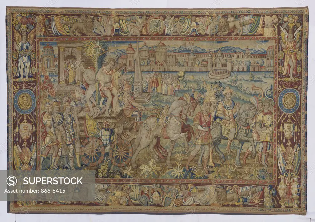 A Bruges Tapestry, woven in wools and silks, depicting a Triumphal Entrance of a Victorious General. Mid 16th century, 348 x 498cm.