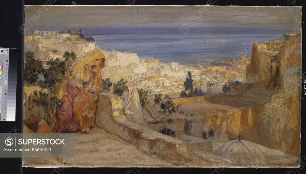 Arab Woman on a Rooftop, Algiers Beyond. Frederick Arthur Bridgman (1847-1928). Oil on canvas, 45.4 x 78.2cm.