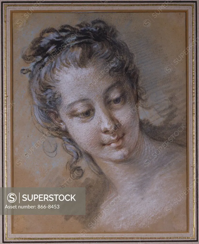 The Head of a Young Girl,  looking down to the Right.  Francois Boucher (1703-1770). Black, red, white and blue chalk on light brown paper, 233 x 186mm.