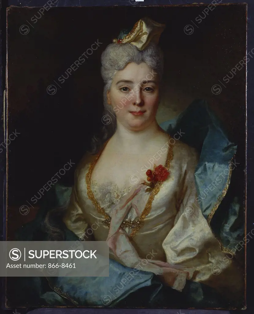 Portrait of a Lady, Wearing a White Dress and a Blue Cloak, with Red Flowers in her Corsage, a Parapet and Trees Beyond. Nicolas de Largilliere (1656-1746). Oil on canvas.