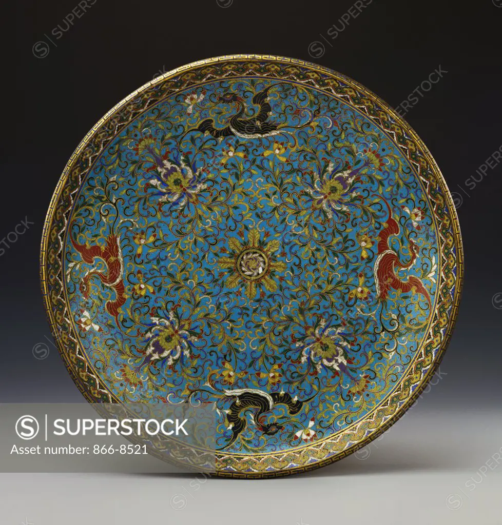 A Large Cloisonne Enamel Dish. The Interior Decorated with Pairs of Red and Black Dragon-Headed Phoenix Divided by Lotus Blooms. Qianlong. 42cm diam.