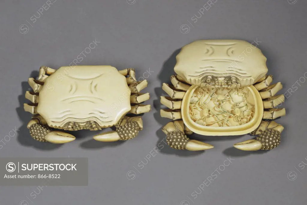 A Rare Pair of Ivory Crab Boxes and Covers. 19th Century. 17cm wide.