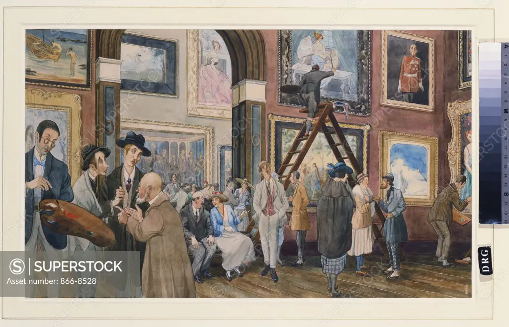 Finishing Day - A Satirical Drawing of the Royal Academy. Molly Campbell (fl 1915-1937). Pencil and watercolour. 289 x 476mm