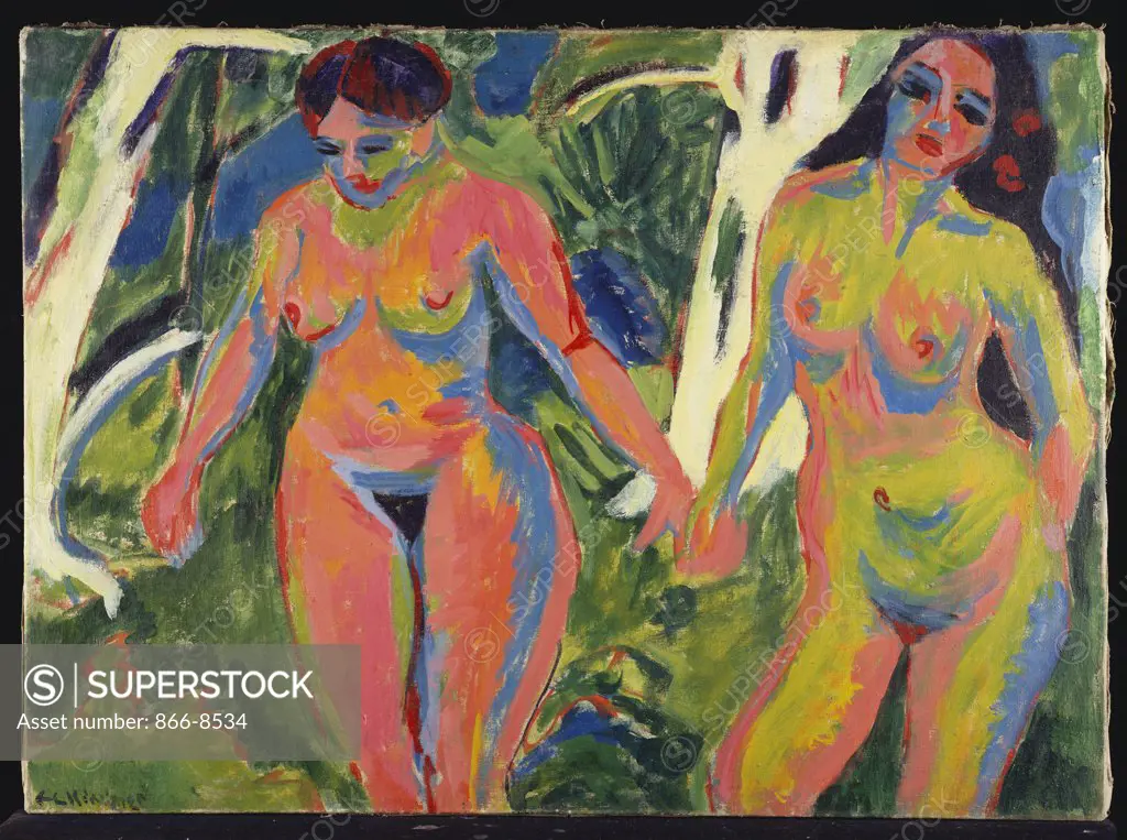Two Naked Women in a Wood; Zwei Nackte Frauen im Wald. Ernst Ludwig Kirchner (1880-1938). Oil on canvas. Painted in 1909. 87.5 x 120.4cm.