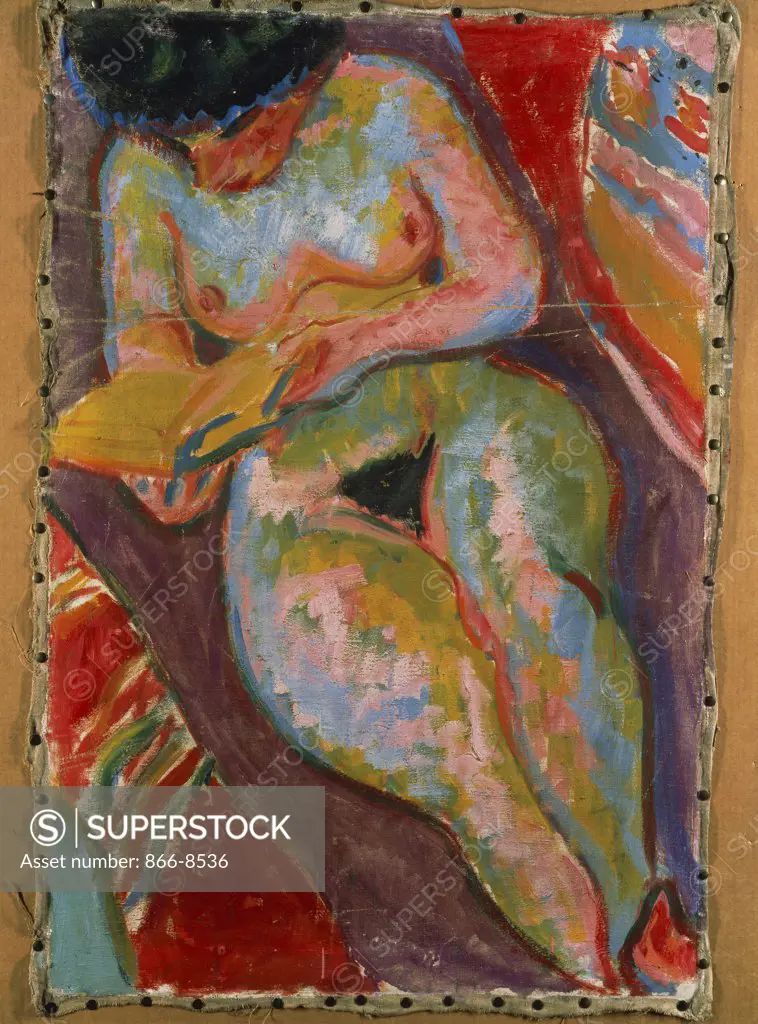 Female Nude (Reading); Weiblicher Akt (Lesend). Ernst Ludwig Kirchner (1880-1938). Oil on canvas. painted in 1909. 96.4 x 64.5cm.